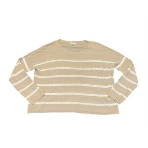 Eileen Fisher‎ Top Organic Linen Striped Tan White Long Sleeve Size Medium Read*